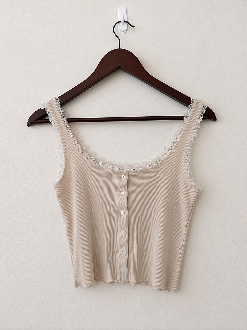Forever 21 Beige Ribbed Lace Trim Tank Top – Size S